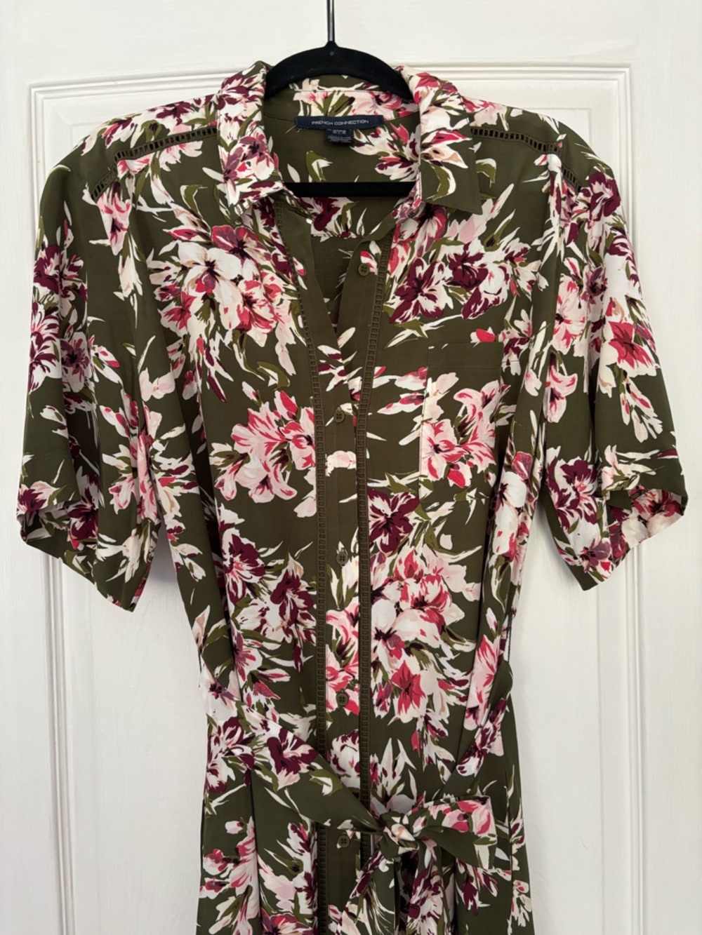 French Connection Olive Green Floral Button-Front Dress
